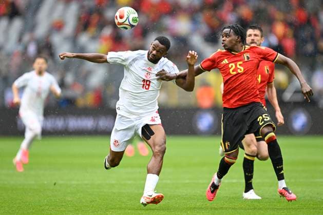 Belgium v Tunisia UEFA International Friendly, Länderspiel, Nationalmannschaft Game BRUSSELS, BELGIUM - JUNE 06 : Ngoy Nathan defender of Belgium battles for the ball with Chaouat Firas forward of Tunisia during the pre-World Cup international friendly game match between Belgium and Tunisia in preparation of the FIFA 2026 World Cup Football Championship on June 6, 2026 in Brussels, Belgium, 06 06 2026 Brussels Belgium  Copyright: xNicoxVereeckenx
