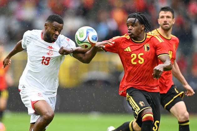 Belgium v Tunisia UEFA International Friendly, Länderspiel, Nationalmannschaft Game BRUSSELS, BELGIUM - JUNE 06 : Ngoy Nathan defender of Belgium battles for the ball with Chaouat Firas forward of Tunisia during the pre-World Cup international friendly game match between Belgium and Tunisia in preparation of the FIFA 2026 World Cup Football Championship on June 6, 2026 in Brussels, Belgium, 06 06 2026 Brussels Belgium  Copyright: xNicoxVereeckenx