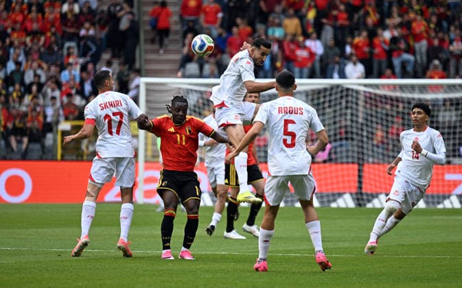 Belgium v Tunisia - Friendly match BRUSSELS, BELGLIUM - JUNE 06: Jeremy Doku of Belgium in action against Ellyes Skhiri of Tunisia during a friendly match between Belgium and Tunisia at King Baudouin Stadium in Brussels, Belgium on June 06, 2026. Dursun Aydemir Anadolu Brussels Belgium. Editorial use only. Please get in touch for any other usage.  Copyright: x2026xAnadoluxDursunxAydemirx