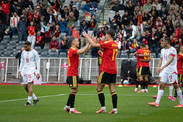 Belgium v Tunisia UEFA International Friendly, Länderspiel, Nationalmannschaft Game BRUSSELS, BELGIUM - JUNE 06 : Cheering after the 2-0 of De Ketelaere Charles forward of Belgium during the pre-World Cup international friendly game match between Belgium and Tunisia in preparation of the FIFA 2026 World Cup Football Championship on June 6, 2026 in Brussels, Belgium, 06 06 2026 Brussels Belgium  Copyright: xAnrx