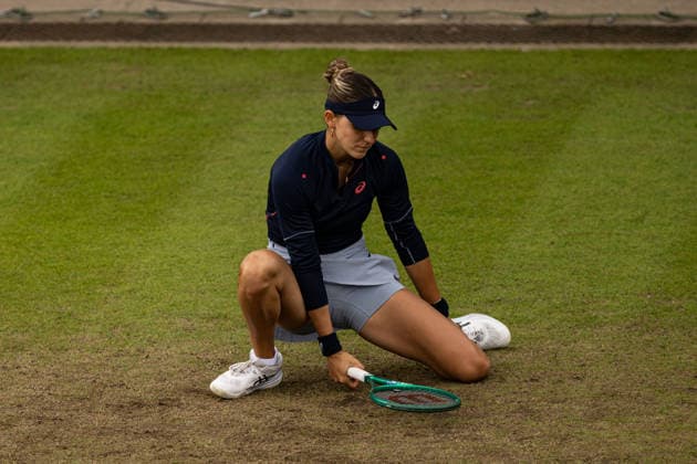 RECORD DATE NOT STATED 6th June 2026; The Edgbaston Priory Club, Birmingham, Midlands, England; 2026 Lexus Birmingham Open Tennis, Day Eight; Rebeka Masarova (SUI) on the ground after losing a point GodfreyxPitt