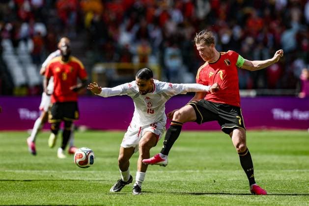 Tunisian Mohamed Belhadj Mahmoud and Belgium s Kevin De Bruyne fight for the ball during a friendly soccer game between Belgian national team, Nationalteam Red Devils and Tunisia, Saturday 06 June 2026 in Brussels, part of the preparations for the 2026 FIFA World Cup, WM, Weltmeisterschaft, Fussball BRUNOxFAHY  x176305331x