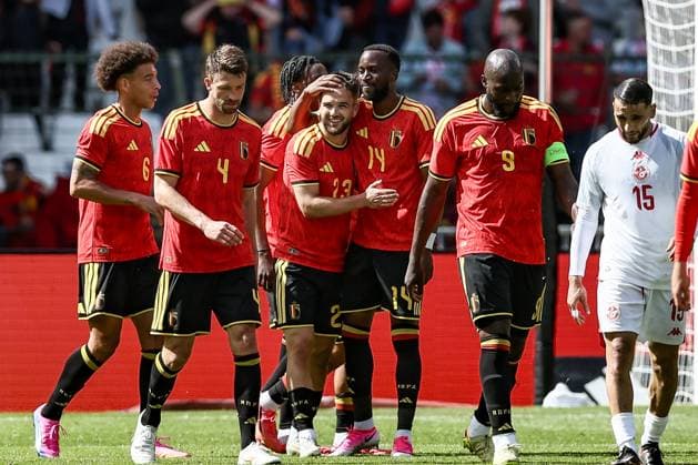 Belgium s Nicolas Raskin celebrates after scoring during a friendly soccer game between Belgian national team, Nationalteam Red Devils and Tunisia, Saturday 06 June 2026 in Brussels, part of the preparations for the 2026 FIFA World Cup, WM, Weltmeisterschaft, Fussball BRUNOxFAHY  x176306787x