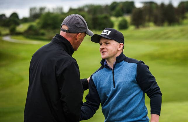 REPRO FREE *PRESS RELEASE NO REPRODUCTION FEE* EDITORIAL USE ONLY Connacht Men s Open Stroke Play Championship, Galway Golf Club, Galway 6 6 2026 David Kitt is congratulated by Eddie McCormack after winning the Championship David Kitt is congratulated by Eddie McCormack after winning the Championship 6 6 2026  Copyright: x INPHO TomxMaherx RDR_7568