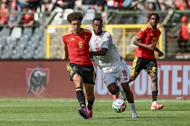 Belgium s Axel Witsel and Tunisian Firas Chaouat fight for the ball during a friendly soccer game between Belgian national team, Nationalteam Red Devils and Tunisia, Saturday 06 June 2026 in Brussels, part of the preparations for the 2026 FIFA World Cup, WM, Weltmeisterschaft, Fussball BRUNOxFAHY  x176307462x