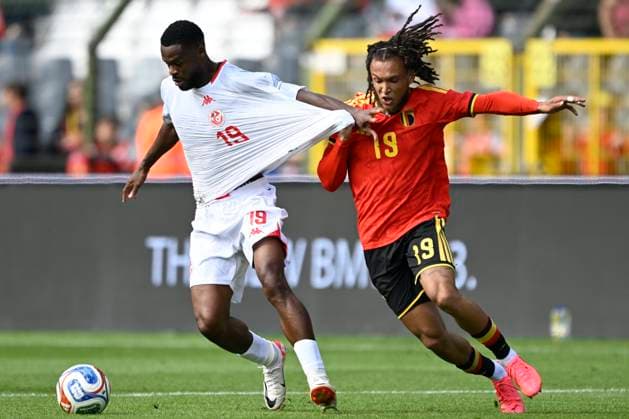 Belgium v Tunisia UEFA International Friendly, Länderspiel, Nationalmannschaft Game BRUSSELS, BELGIUM - JUNE 06 : Moreira Diego midfielder of Belgium battles for the ball with Chaouat Firas forward of Tunisia during the pre-World Cup international friendly game match between Belgium and Tunisia in preparation of the FIFA 2026 World Cup Football Championship on June 6, 2026 in Brussels, Belgium, 06 06 2026 Brussels Belgium  Copyright: xNicoxVereeckenx