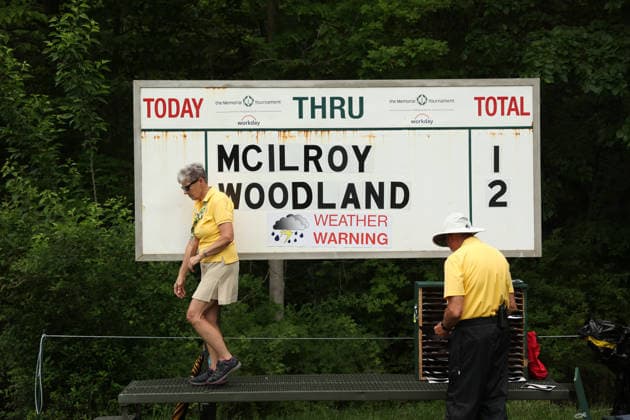 The Memorial Tournament DUBLIN, OHIO - JUNE 06: The scoreboard at the 18th hole shows a severe weather warning during the third round of The Memorial Tournament presented by Workday at Muirfield Village Golf Club in Dublin, Ohio, USA on Saturday, June 6, 2026. Dublin Ohio United States  Copyright: xJorgexLemusx originalFilename:lemus-thememor260606_npEbl.jpg