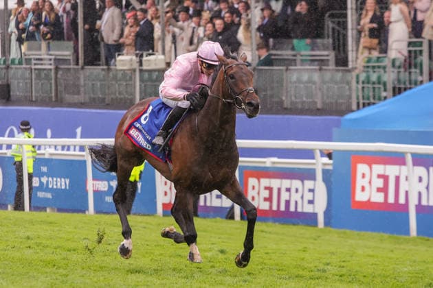 Derby Day Epsom Christmas Day ridden by Ronan Whelan (Pink) wins the Betfred Derby on Derby Day during the Derby Festival at Epsom Racecourse, Epsom 06 06 2026 UK Newspapers OUT Copyright: xMarkxChappellx FIL-23541-0028