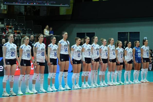 06.June. 2026 – Volleyball – CEV Volleyball European League 2026 - Women ,ICELAND vs SLOVAKIA Slovakia singing the national anthem Lower Austria Lower Austria , AUSTRIA – Multiversum Schwechat Multiversum Schwechat AUSTRIA