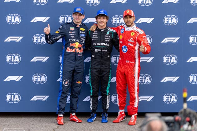 RECORD DATE NOT STATED 6th June 2026: Circuit de Monaco, Monaco: Formula One Monaco Grand Prix, Qualifying Day; Kimi Antonelli (12) of Italy and Mercedes-AMG PETRONAS Formula One Team, Max Verstappen (3) of the Netherlands and Oracle Red Bull Racing and Lewis Hamilton (44) of Great Britain and Scuderia Ferrari HP finish 1-2-3 during qualifying BobxKupbens