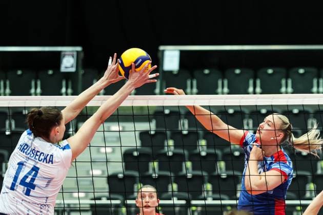 06.June. 2026 – Volleyball – CEV Volleyball European League 2026 - Women ,Island vs SLOVAKIA Tereza Hrusecka (Slovakia) blocks the ball Lower Austria Lower Austria , AUSTRIA – Multiversum Schwechat Multiversum Schwechat AUSTRIA