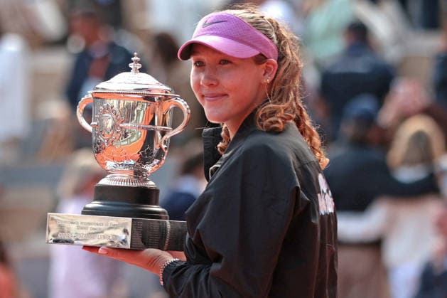 RECORD DATE NOT STATED 6th June 2026; Roland Garros, Paris, France; 2026 French Open Tennis, Day 19; Mirra Andreeva proudly holds the Suzanne-Lenglen trophy after defeating Maja Chwalinska (POL) JonxBromley