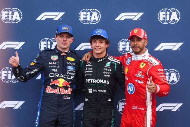 F1 Monaco Grand Prix 2026 Max Verstappen of Red Bull Racing, Andrea Kimi Antonelli of Mercedes and Lewis Hamilton of Ferrari celebrate after the qualifying session ahead of the Formula 1 Monaco Grand Prix at the Circuit de Monaco in Monte Carlo on June 6th, 2026. Monte Carlo Monaco  Copyright: xBeataxZawrzelx originalFilename:zawrzel-f1monaco260606_npQ1F.jpg