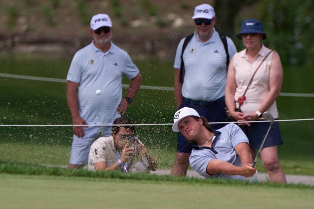 Michael La Sasso hits from a greenside bunker, sending sand into the air during the LIV Golf Andalucia tournament at Real Club Valderrama on June 6, 2026, in San Roque, Spain. (Photo by Camilla Stolen Imago) San Roque Spain Copyright: xCamillaxStolenx L1134704