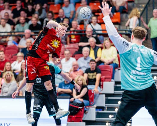 (L-R) Alexander Schulze (TuS N-Luebbecke, 14) im Torwurf gegen Dave Hoernig (HC Oppenweiler Backnang, 01) GER, TuS N-Luebbecke vs. HC Oppenweiler Backnang, Handball, 2. Bundesliga, 34. Spieltag, Spielzeit 2025 2026, 06.06.2026 GER, TuS N-Luebbecke vs. HC Oppenweiler Backnang, Handball, 2. Bundesliga, 34. Spieltag, Spielzeit 2025 2026, 06.06.2026 Luebbecke Copyright: xEibner-Pressefoto JanxRollingerx EP_JSK