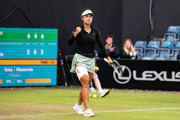 RECORD DATE NOT STATED 6th June 2026; The Edgbaston Priory Club, Birmingham, Midlands, England; 2026 Lexus Birmingham Open Tennis, Day Eight; Alexandra Eala (PHI) celebrates winning her semi final match against Rebeka Masarova (SUI) GodfreyxPitt