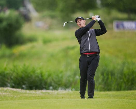 AMSTERDAM, NETHERLANDS - JUNE 06: Joe Dean of England plays his second shot from the fairway of the 16th hole during the third round of the KLM Open at The International on June 6, 2026 in Amsterdam, Netherlands. Credit: Andy Astfalck NurPhoto Netherlands Copyright: xAndyxAstfalckx