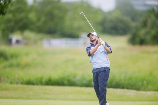 AMSTERDAM, NETHERLANDS - JUNE 06: Brandon Robinson Thompson of England plays his second shot from the fairway of the 16th hole during the third round of the KLM Open at The International on June 6, 2026 in Amsterdam, Netherlands. Credit: Andy Astfalck NurPhoto Netherlands Copyright: xAndyxAstfalckx
