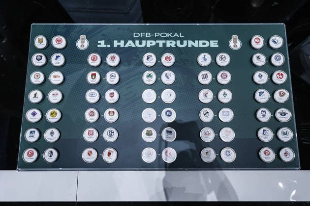 Fussball, DFB-Pokal Saison 2026 2027 DFB-Pokalauslosung zur 1.Runde 06.06.2026, Deutsches Fussballmuseum Die ausgelosten Pokalpartien nach der Pokalauslosung auf dem Brett, Alle 32 Partien in der Übersicht Dortmund Deutsches Fussballmuseum Nordrhein-Westfalen Deutschland