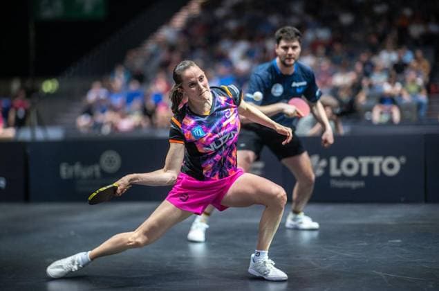 TISCHTENNIS TT-FINALS 2026 IN ERFURT ** NUR FÜR REDAKTIONELLE ZWECKE ** EDITORIAL USE ONLY **<p>06 06 2026-Erfurt: 94. Nationale Deutsche Meisterschaften Damen Herren im Rahmen der Deutschen TT-Finals Mixed im Foto: Dimitrij Ovtcharov (TTC RhönSprudel Fulda-Maberzell) Sabine Winter (TSV Dachau 65) ( Deutschland Thueringen Erfurt Copyright: SaschaxFromm