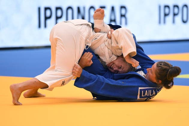 Deutsche Judo-Meisterschaft 2026 am 06.06.2026 in der Sporthalle an der Krefelder Straße in Duisburg Frauen -57KG Jana Ziegler ( weiss ) - Laila Göbel ( blau )
