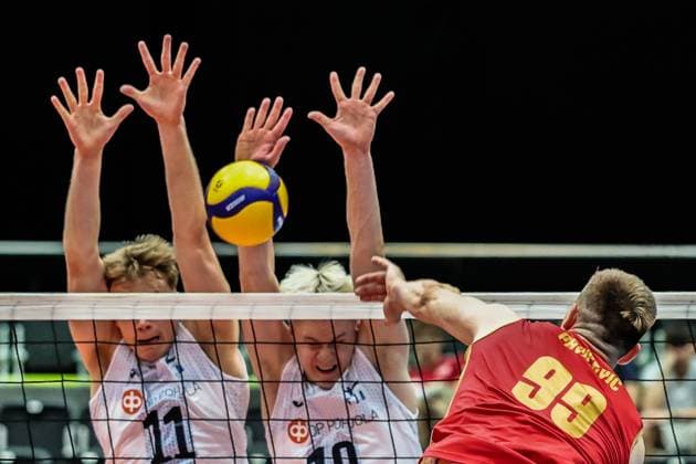 06.June. 2026 – Volleyball – CEV Volleyball European League 2026 - Men ,MONTENEGRO vs FINLAND Miika Haapaniemi (Finland) and Luka Marttila (Finland) blocks the ball Lower Austria Lower Austria , AUSTRIA – Multiversum Schwechat Multiversum Schwechat AUSTRIA