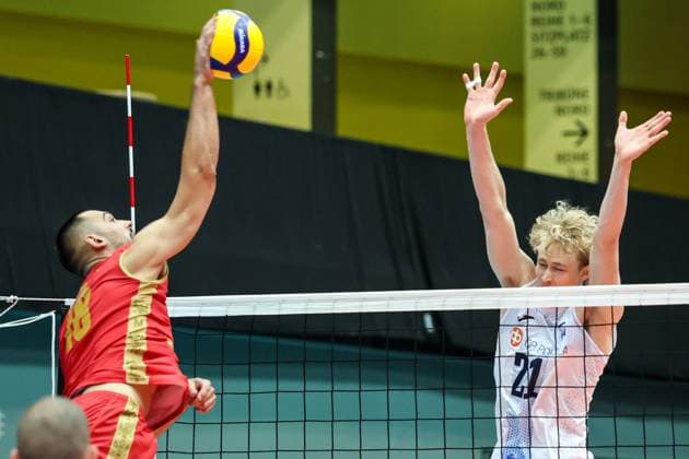 06.June. 2026 – Volleyball – CEV Volleyball European League 2026 - Men ,MONTENEGRO vs FINLAND Vukasin Cimbaljevic (Montenegro) spikes the ball and Veikka Lindqvist (Finland) Lower Austria Lower Austria , AUSTRIA – Multiversum Schwechat Multiversum Schwechat AUSTRIA