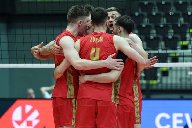 06.June. 2026 – Volleyball – CEV Volleyball European League 2026 - Men ,MONTENEGRO vs FINLAND montenegro celebrates the point with his teammates Lower Austria Lower Austria , AUSTRIA – Multiversum Schwechat Multiversum Schwechat AUSTRIA