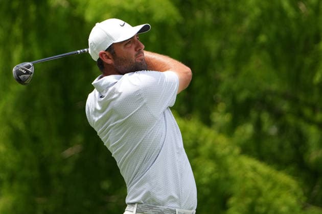 DUBLIN, OH - JUNE 06: Scottie Scheffler of the United States plays his shot from the second tee during third round of the Memorial Tournament on June 06, 2026 at the Muirfield Village Golf Club in Dublin, Ohio. (Photo by Jason Mowry Icon Sportswire) GOLF: JUN 06 PGA, Golf Herren the Memorial Tournament presented by Workday EDITORIAL USE ONLY Icon260606020