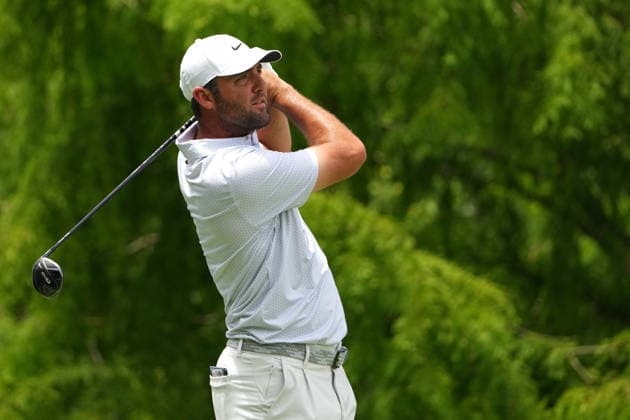DUBLIN, OH - JUNE 06: Scottie Scheffler of the United States plays his shot from the second tee during third round of the Memorial Tournament on June 06, 2026 at the Muirfield Village Golf Club in Dublin, Ohio. (Photo by Jason Mowry Icon Sportswire) GOLF: JUN 06 PGA, Golf Herren the Memorial Tournament presented by Workday EDITORIAL USE ONLY Icon260606022