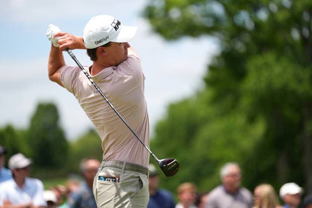 DUBLIN, OH - JUNE 06: Maverick McNealy of the United States plays his shot from the first tee during third round of the Memorial Tournament on June 06, 2026 at the Muirfield Village Golf Club in Dublin, Ohio. (Photo by Jason Mowry Icon Sportswire) GOLF: JUN 06 PGA, Golf Herren the Memorial Tournament presented by Workday EDITORIAL USE ONLY Icon260606030