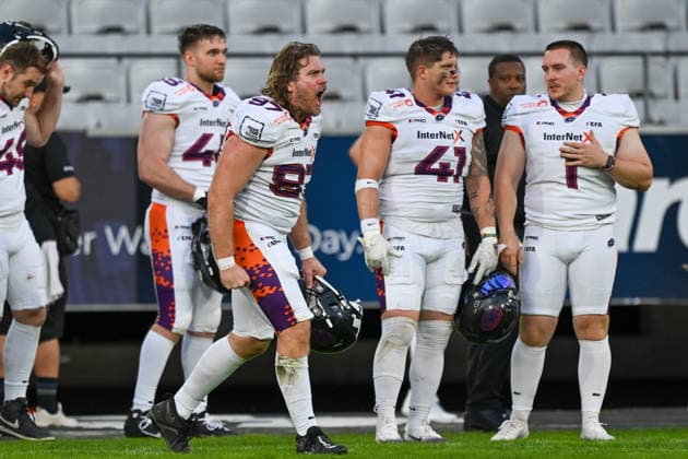 AMERICAN FOOTBALL - EFA, Raiders vs Galaxy INNSBRUCK,AUSTRIA,06.JUN.26 - AMERICAN FOOTBALL - EFA, European Football Alliance, Raiders Tirol vs Frankfurt Galaxy. Image shows the rejoicing of Koku Gieob (Galaxy).  GEPAxpictures xDanielxSchoenherr