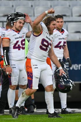 AMERICAN FOOTBALL - EFA, Raiders vs Galaxy INNSBRUCK,AUSTRIA,06.JUN.26 - AMERICAN FOOTBALL - EFA, European Football Alliance, Raiders Tirol vs Frankfurt Galaxy. Image shows the rejoicing of Koku Gieob (Galaxy).  GEPAxpictures xDanielxSchoenherr