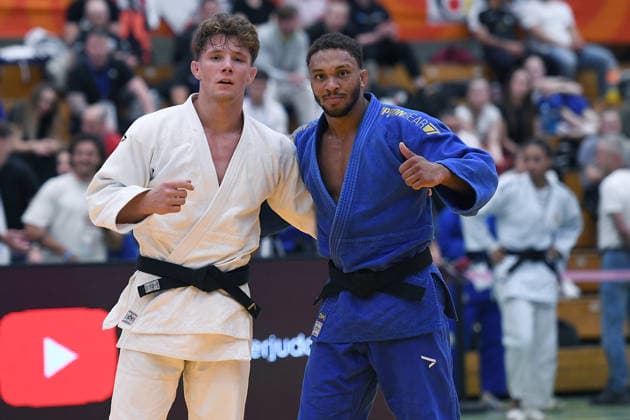 Deutsche Judo-Meisterschaft 2026 am 06.06.2026 in der Sporthalle an der Krefelder Straße in Duisburg Finale Männer -73KG Jano Rübo ( weiss ) - Kevin Abetshauser ( blau )