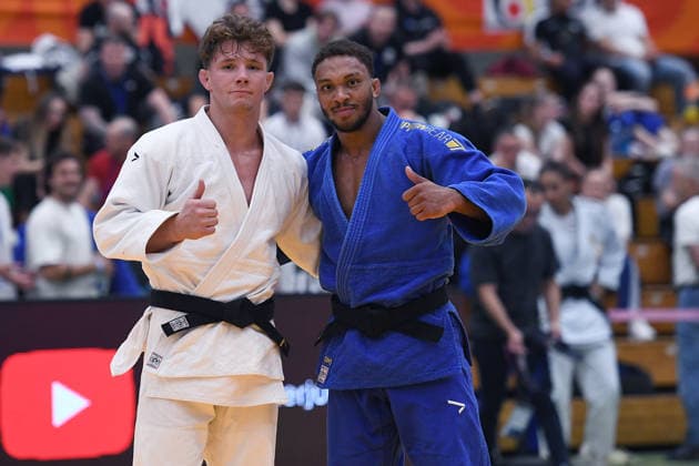 Deutsche Judo-Meisterschaft 2026 am 06.06.2026 in der Sporthalle an der Krefelder Straße in Duisburg Finale Männer -73KG Jano Rübo ( weiss ) - Kevin Abetshauser ( blau )