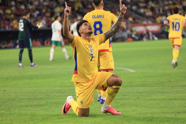 Saturday, 6 June 2026, Bucuresti, Romania, UEFA Friendly Matches, Romania vs Wales Steaua Bucharest Stadium, Bucuresti 7 Florinel Coman celebrates scoring his first goal of the match and kneels before supporters