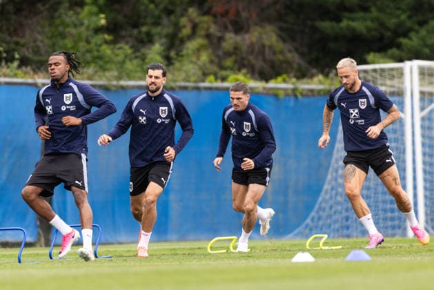 SOCCER - FIFA World Cup, WM, Weltmeisterschaft, Fussball 2026, preview SANTA BARBARA,CALIFORNIA,USA,06.JUN.26 - SOCCER - FIFA World Cup 2026, USA, Mexico, Canada, preview, Oesterreichischer Fussball-Bund, training team AUT. Image shows Carney Chukwuemeka, Florian Grillitsch, Marcel Sabitzer and Marko Arnautovic (AUT).  GEPAxpictures xArminxRauthner