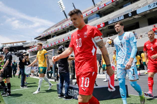 International soccer friendly - Switzerland vs Australia (L-R) Switzerland s Granit Xhaka, goalkeeper Gregor Kobel and Nico Elvedi enter the pitch before an International Friendly, Länderspiel, Nationalmannschaft soccer match between Switzerland and Australia in San Diego, California, USA, 06 June 2026. San Diego St. Gallen United States  Copyright: xPETERxKLAUNZERx
