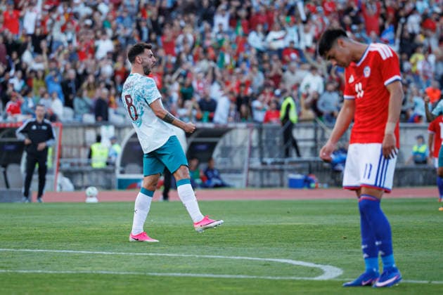 Bruno Fernandes seen celebrating after scoring goal during International Friendly, Länderspiel, Nationalmannschaft game between national teams of Portugal and Chile (Luis Loureiro Ball Raw Images PT) Oeiras Estadio Nacional Portugal Copyright: xLuisxLoureirox luisloureiro_portugal_chile_2526_3-21