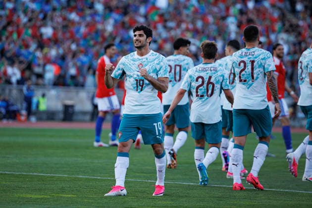 Goncalo Guedes seen celebrating after scoring goal during International Friendly, Länderspiel, Nationalmannschaft game between national teams of Portugal and Chile (Luis Loureiro Ball Raw Images PT) Oeiras Estadio Nacional Portugal Copyright: xLuisxLoureirox luisloureiro_portugal_chile_2526_3-9