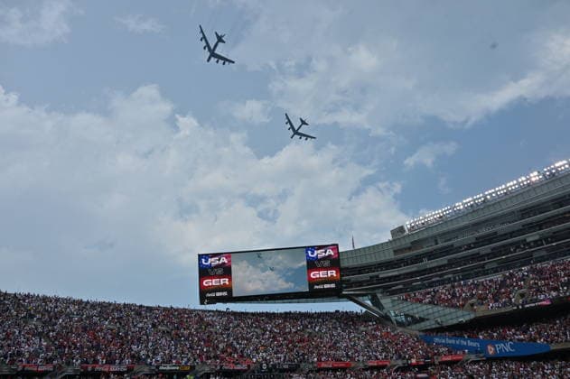 CHICAGO, IL - JUNE 06: A fly over is seen after the national anthem prior to a friendly match between the United States and Germany on June 6, 2026, at Soldier Field in Chicago, IL. (Photo by Patrick Gorski Icon Sportswire) SOCCER: JUN 06 USA vs Germany EDITORIAL USE ONLY Icon260606014