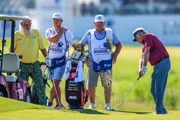 MADISON, WI - JUNE 06: Michael Allen from Scottsdale, AZ hits his second shot on the first fairway while his partner John Daly from Dardenelle, AR looks on during the second round of the PGA, Golf Herren Tour Champions American Family Insurance Championship golf tournament on June 6, 2026 at TPC Wisconsin Golf Course in Madison, WI. (Photo by Lawrence Iles Icon Sportswire) GOLF: JUN 06 PGA TOUR Champions American Family Insurance Championship EDITORIAL USE ONLY Icon2606060152