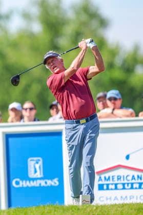 MADISON, WI - JUNE 06: Michael Allen from Scottsdale, AZ tees off at the second hole during the second round of the PGA, Golf Herren Tour Champions American Family Insurance Championship golf tournament on June 6, 2026 at TPC Wisconsin Golf Course in Madison, WI. (Photo by Lawrence Iles Icon Sportswire) GOLF: JUN 06 PGA TOUR Champions American Family Insurance Championship EDITORIAL USE ONLY Icon2606060172