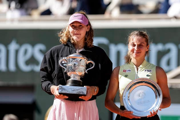 Paris, France - June 6: Mirra Andreeva celebrates with the winner™s trophy after winning her match against Maja Chwalinska of Poland during the Women™s Final on Day Fourteen of the 2026 French Open at Roland Garros on June 6, 2026 in Paris, France. (Photo by JustPictures) Paris Roland Garros France