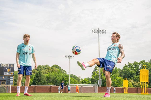 260606 Jens Petter Hauge and Patrick Berg of the Norwegian national football team at a training session during day -5 of the FIFA World Cup, WM, Weltmeisterschaft, Fussball 2026 on June 6, 2026 in Greensboro. Photo: Vegard Grott BILDBYRAN kod VG VG0941 bbeng fotball football soccer fotboll fifa world cup vm fotball-vm norge norway trening träning training practice precamp pre-camp Copyright: VEGARDxGRoTT BB260606VG025