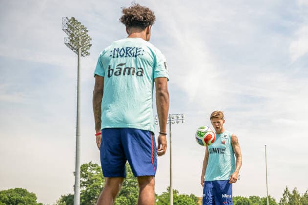 260606 Oscar Bobb and David Moller Wolfe of the Norwegian national football team at a training session during day -5 of the FIFA World Cup, WM, Weltmeisterschaft, Fussball 2026 on June 6, 2026 in Greensboro. Photo: Vegard Grott BILDBYRAN kod VG VG0941 bbeng fotball football soccer fotboll fifa world cup vm fotball-vm norge norway trening träning training practice precamp pre-camp Copyright: VEGARDxGRoTT BB260606VG027