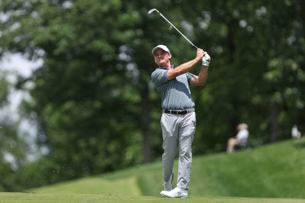 DUBLIN, OH - JUNE 06: Bud Cauley of the United States hits an approach shot on the 9th hole during the third round of the Memorial Tournament presented by Workday at Muirfield Village Golf Club on June 6, 2026 in Dublin, OH. (Photo by Ian Johnson Icon Sportswire) GOLF: JUN 06 PGA, Golf Herren the Memorial Tournament presented by Workday EDITORIAL USE ONLY Icon260606005