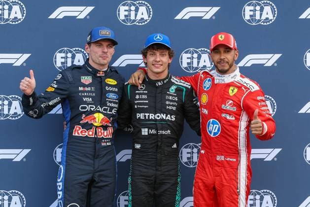 l-r: Max Verstappen (Oracle Red Bull Racing 3) hat den 2 Startplatz, Winner des Qualifying, Pole Position, Lewis Hamilton (Scuderia Ferrari HP 44) den 3 Startplatz beim Rennen, Kimi Antonelli (Mercedes-AMG Petronas 12), Qualifying, Grosser Preis von Monaco, Motorsport, Herren, Formel 1, 06.06.2026 Monte Carlo Monaco MCO