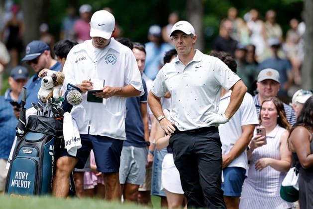 DUBLIN, OH - JUNE 06: Rory McIlroy of Northern Ireland looks on before playing a shot from the rough at the ninth hole during the third round of the Memorial Tournament presented by Workday 2026 on June 06, 2026 at Muirfield Village Golf Club in Dublin, Ohio. (Photo by Joe Robbins Icon Sportswire) GOLF: JUN 06 PGA, Golf Herren the Memorial Tournament presented by Workday EDITORIAL USE ONLY Icon5732606060063