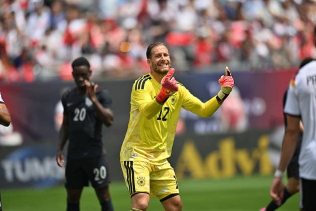 CHICAGO, IL - JUNE 06: Germany goalkeeper Oliver Baumann (12) directs teammates during a friendly match between the United States and Germany on June 6, 2026, at Soldier Field in Chicago, IL. (Photo by Patrick Gorski Icon Sportswire) SOCCER: JUN 06 USA vs Germany EDITORIAL USE ONLY Icon260606020